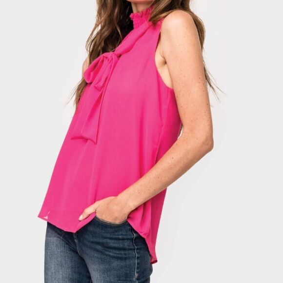 Gibsonlook Smocked Neck Chiffon Shell with Detachable Tie XS Hot Pink NWT IN PKG - Picture 3 of 7